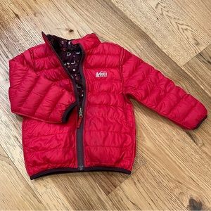 REI Girls 4T lite puffer coat, pink, reversible